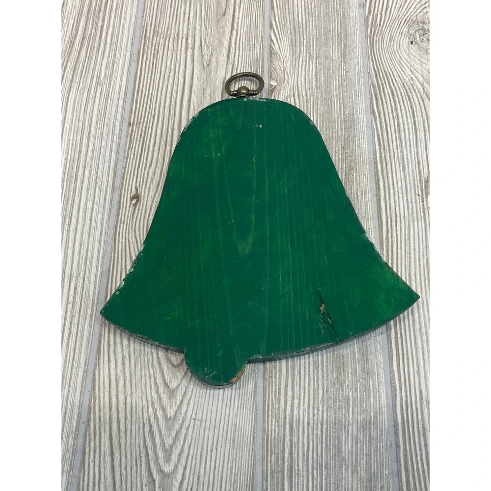 Vintage Hand Painted Wood Christmas Bell Wall Decor Joy Noel Red Green Set of 2